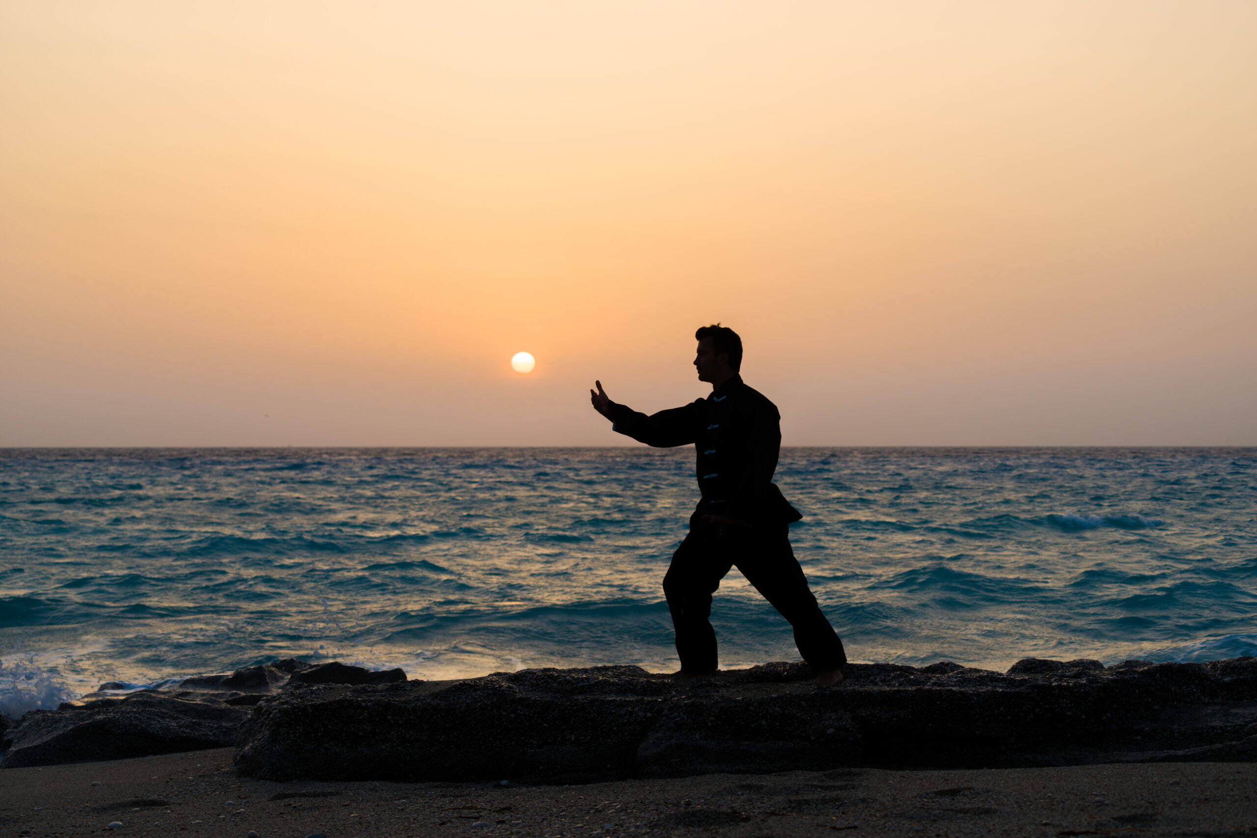 Man performs Kung Fu moves silhouetted against sunset - learn kung fu online