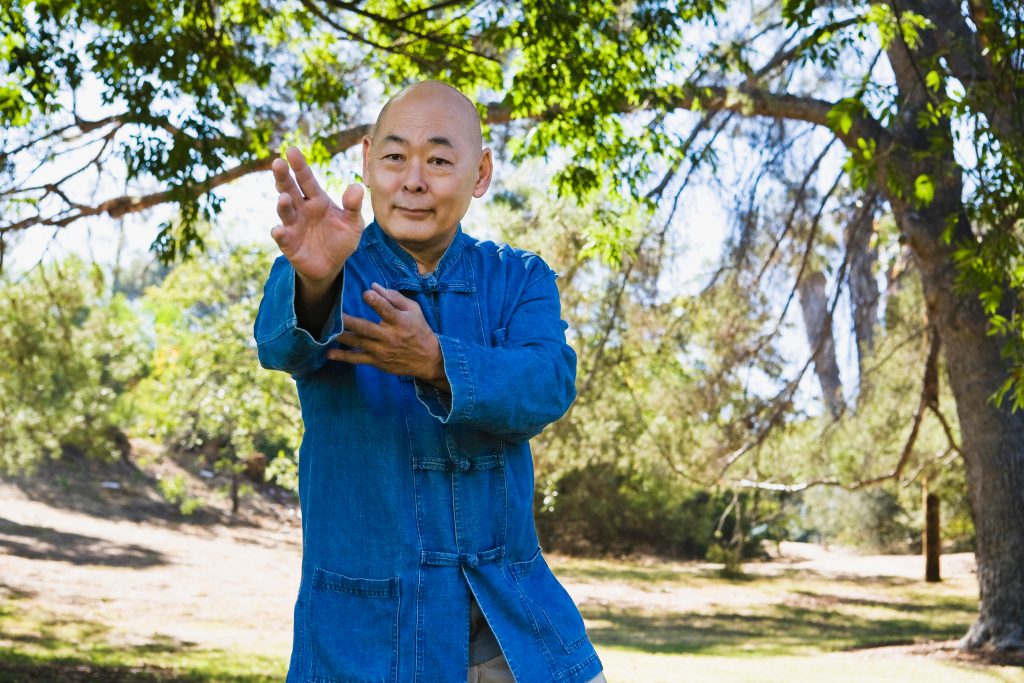 Man doing martial arts in park