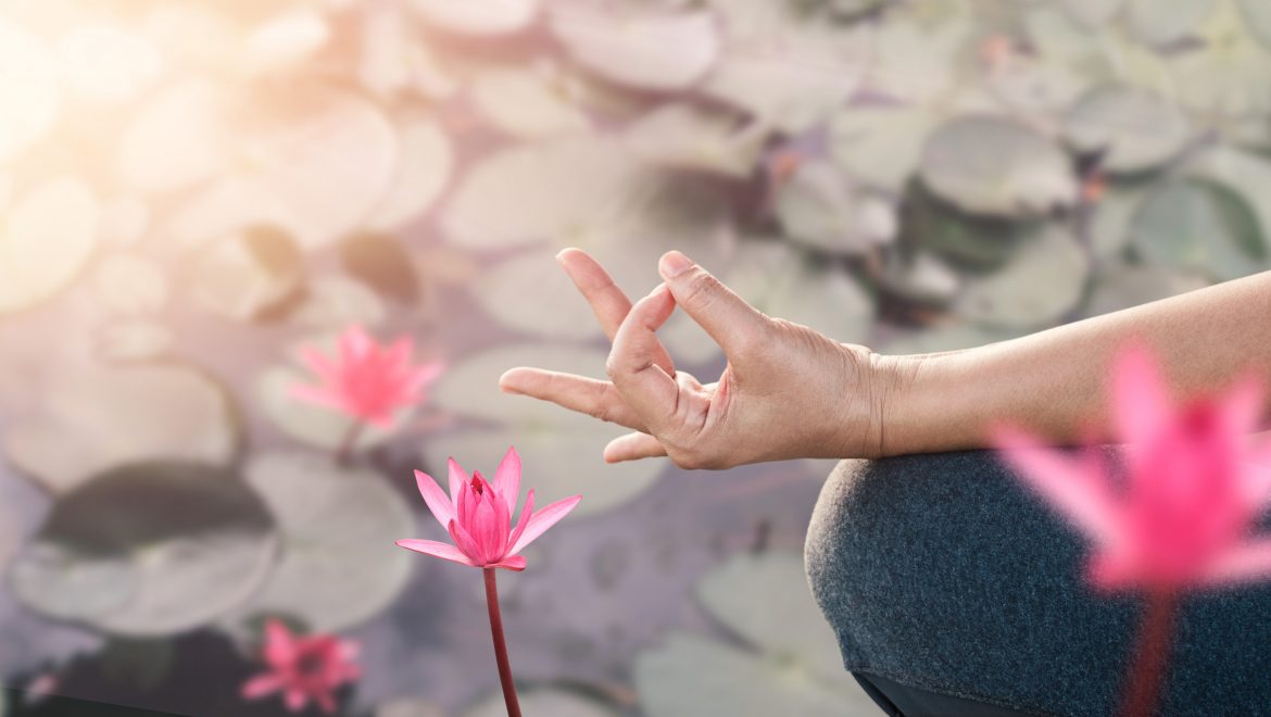 Woman yoga practicing and meditating by the red lotus lake background