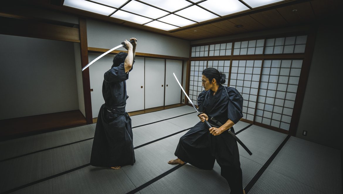 Samurai training in a traditional dojo, in Tokyo