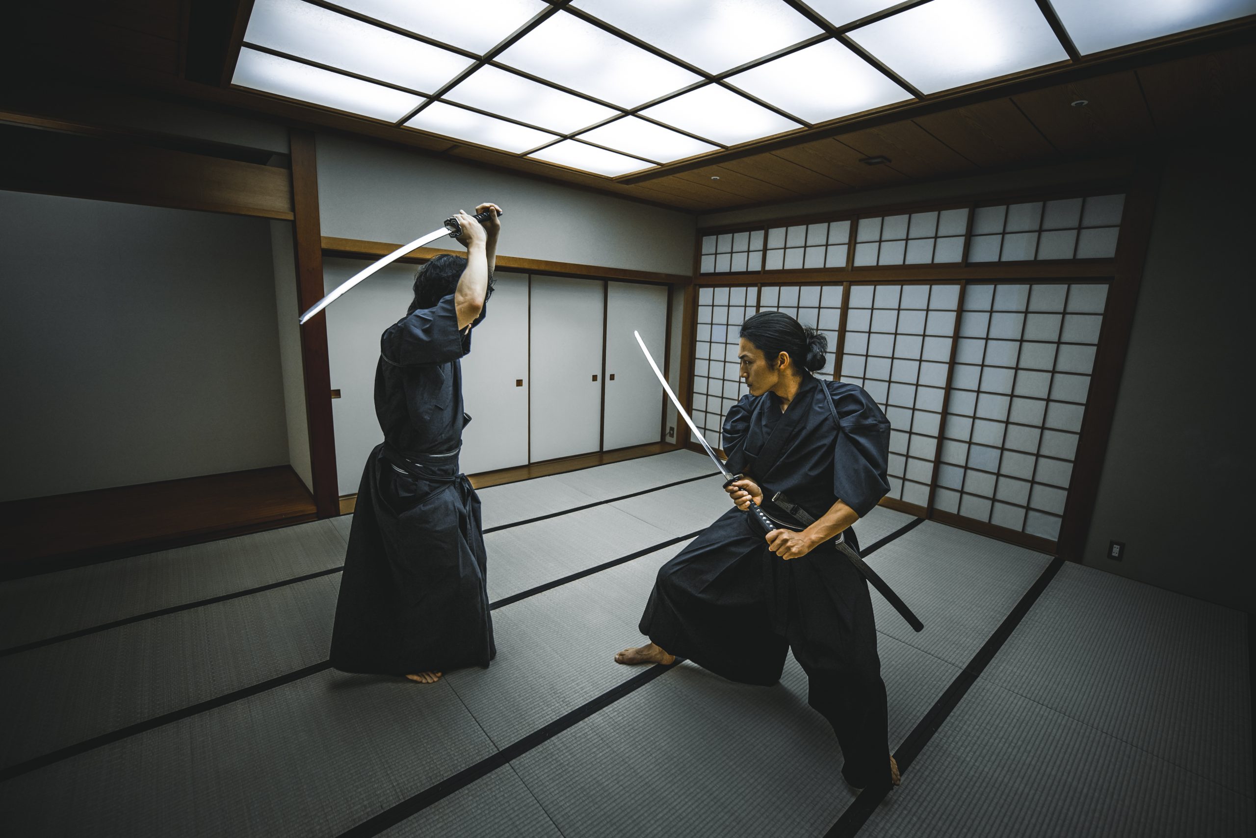 Samurai training in a traditional dojo, in Tokyo